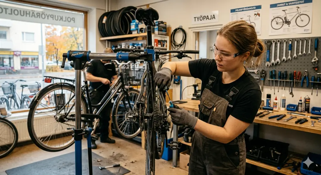 Huolletaan polkupyörän jarruja työpisteellä